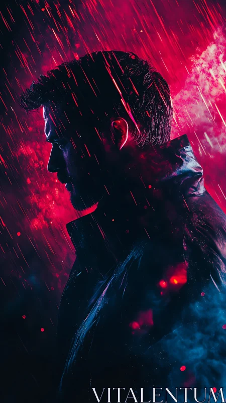 Solitary cyberpunk figure walks through neon storm at night