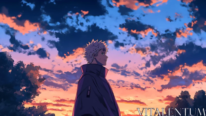 Side profile anime figure under vivid sunset cloudscape.