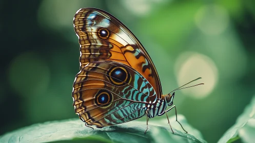 Macro study of iridescent butterfly wing morphology on leaf.
