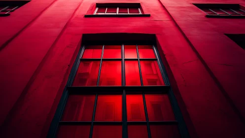 Red building facade with central window viewed from below