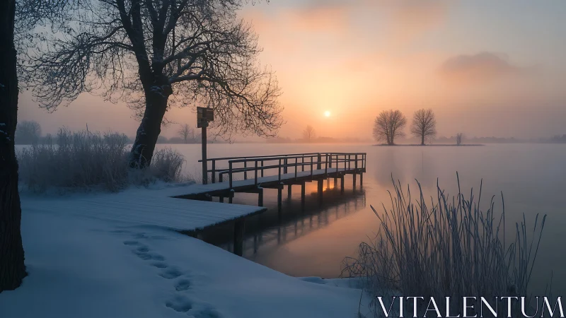 Gentle winter sunrise over a quiet lakeside wooden pier.