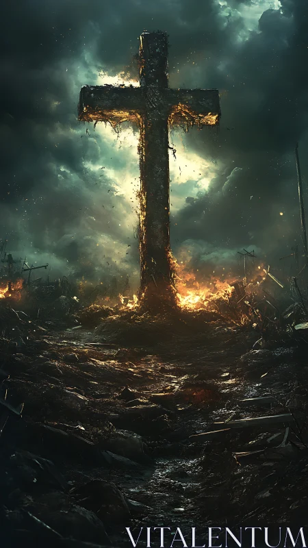 Burning cross carves a path of light through storm wreckage