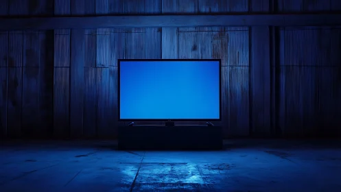 Flat screen monitor with blue display in dim warehouse.