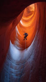 Canyoneer rappels through glowing sandstone slot shaft.