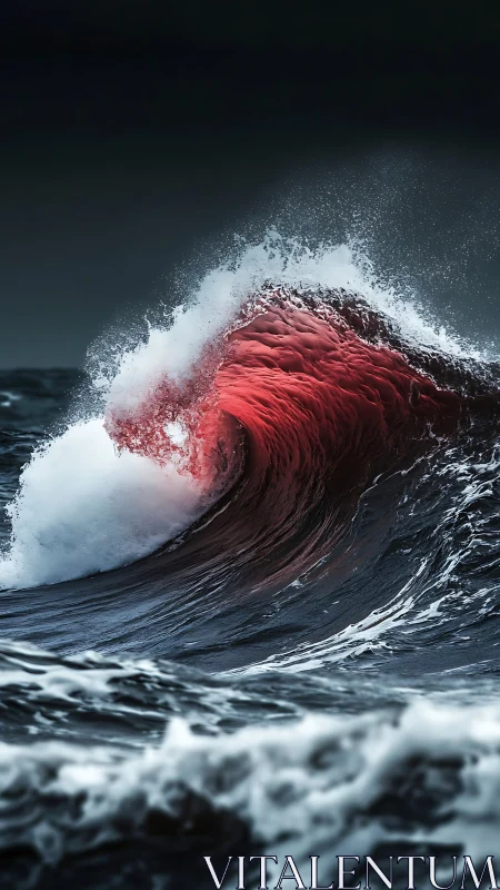 Crimson wave curls gracefully through a dark and moody sea
