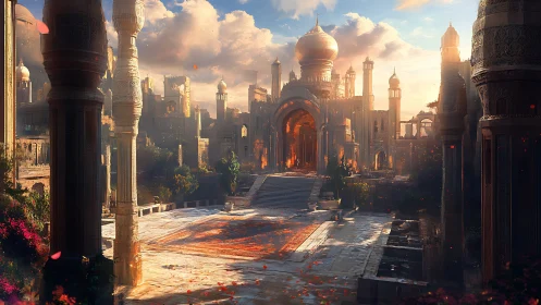 Golden palace courtyard glows beneath a dramatic sunset sky