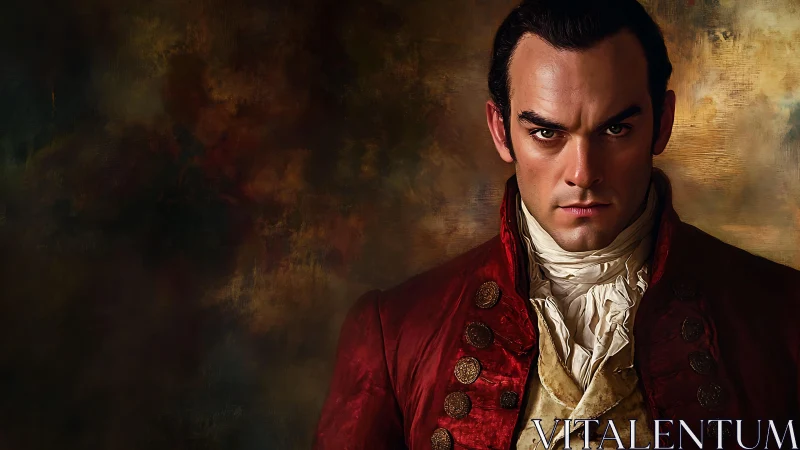 Intense 18th century officer gazes forward in rich light
