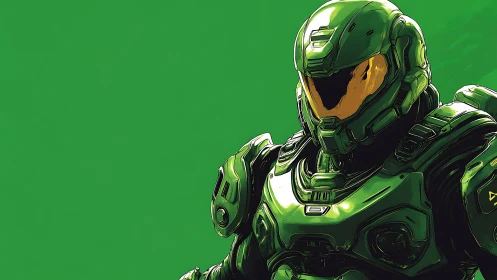 Armored sci fi soldier stands framed by vivid green field.