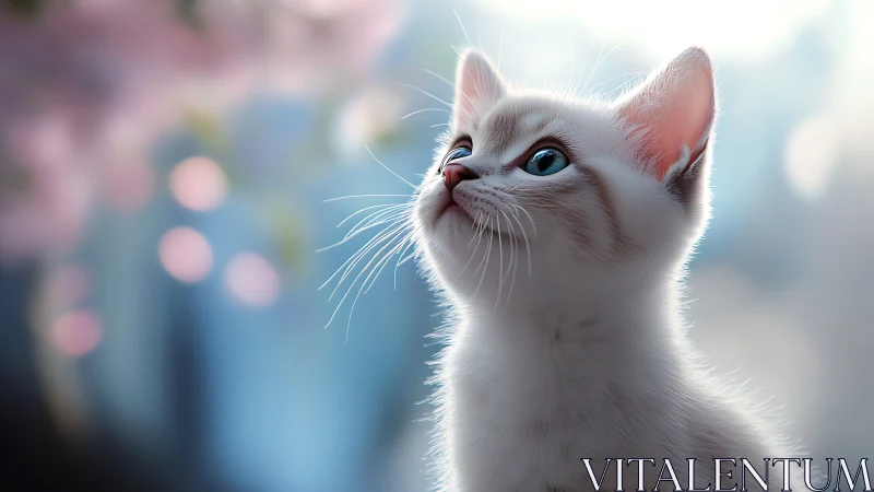 White Cat with Blue Eyes Looking Upward. Serene Portrait.