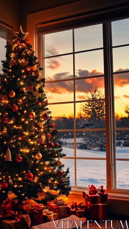 Glowing Christmas tree beside winter sunset window scene.