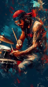 Dynamic drummer portrait rendered in expressive digital brushwork