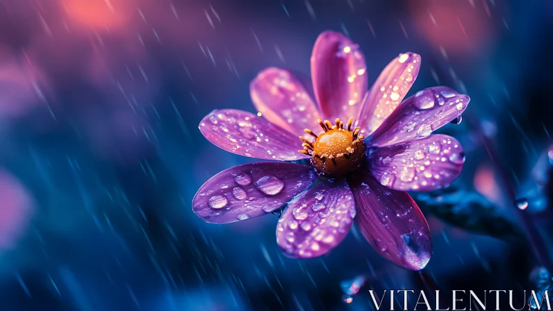 Purple cosmos flower displaying hydrophobic petal surface with photorealistic raindrops