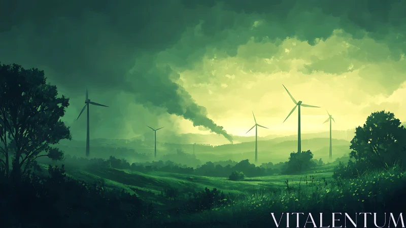 Wind farm at dusk amid stormy skies and distant smokestack.