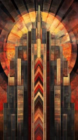 Art deco skyscraper silhouette under radiant sunburst.