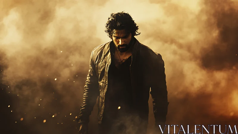 Brooding male silhouette strides through cinematic smoke.