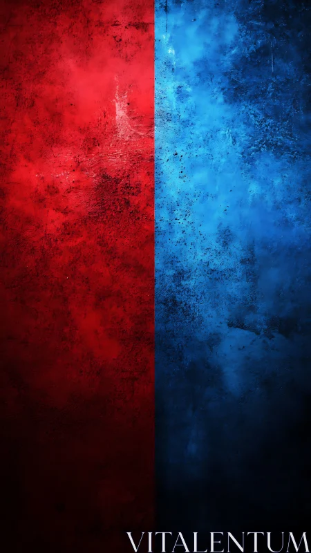 Red blue textured split wall contrasts bold saturated fields.