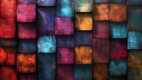 Chromatic textured cubes in layered geometric abstraction.