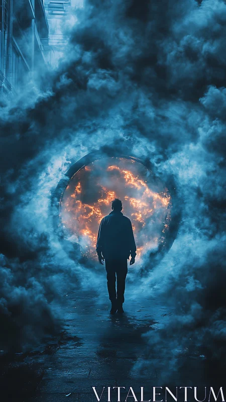 Smoke-wreathed wanderer steps toward a burning cosmic gate