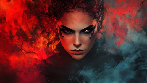 Digital portrait shows central face framed by red and blue haze