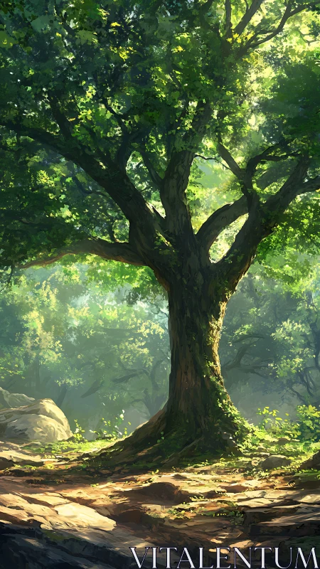Sunlit Ancient Tree in Mystical Forest.