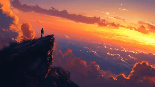 Solitary figure on cliff edge above radiant cloudscape at dusk.