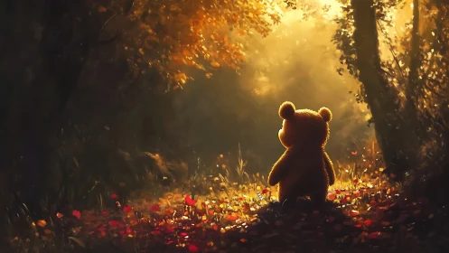Autumn-lit teddy bear wanders into a golden storybook forest.