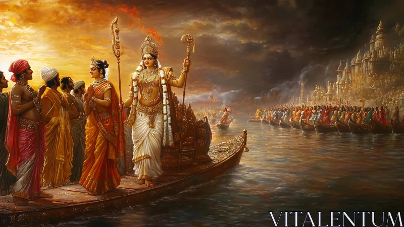 Mythic royal flotilla in luminous temple harbor, digital painting.