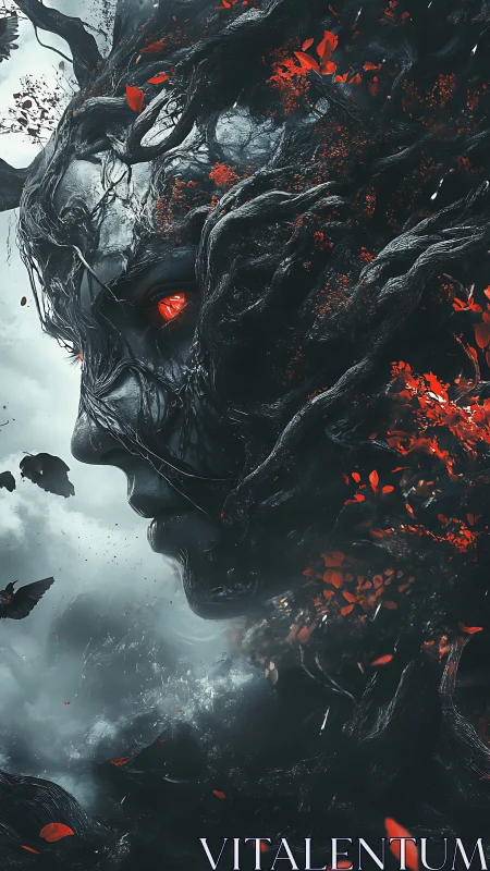 Surreal arboreal entity portrait with ember-lit organic visage.