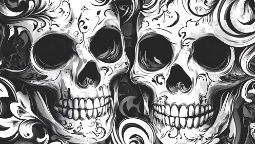 Monochrome twin skull illustration with swirling baroque flourishes.