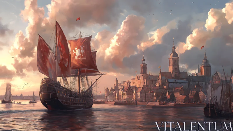 Large sailing vessel departs fortified harbor under soft light