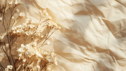 Dried white flowers cast soft shadows on crumpled paper.
