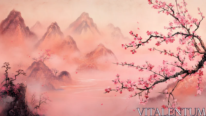 Pink misty mountains embrace flowering cherry blossom branch