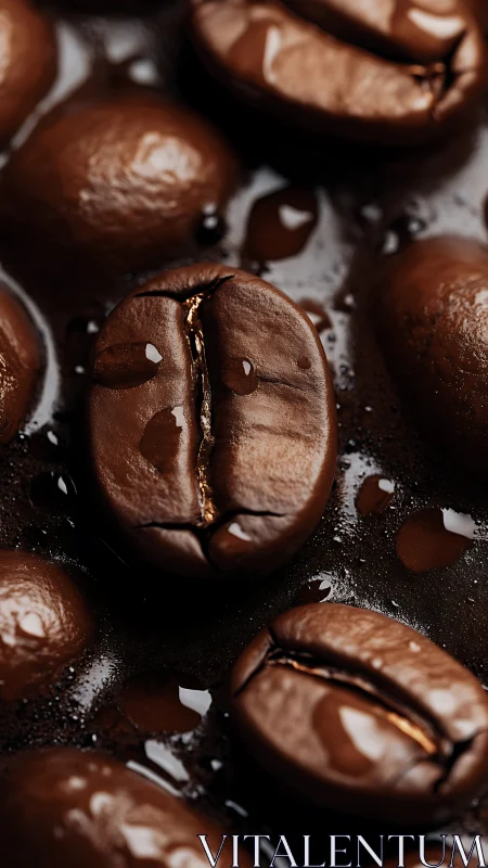 Coffee beans sit in liquid with visible surface reflections
