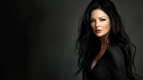 Dark-haired woman stands in dramatic low-key studio lighting