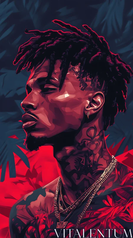 Stylized portrait of tattooed man in red and blue lighting.