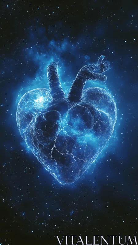 Glowing anatomical heart of blue energy floats in space