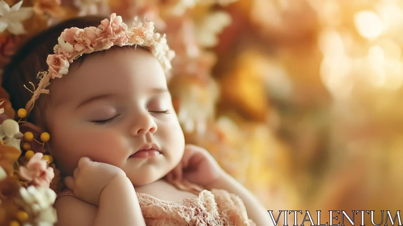 Sleeping Infant with Floral Crown in Golden Ambient Light.