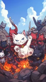White Cat Deity Surrounded by Demonic Warriors in Flames.