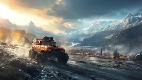 Cinematic 3D off-road truck in post-disaster alpine valley.