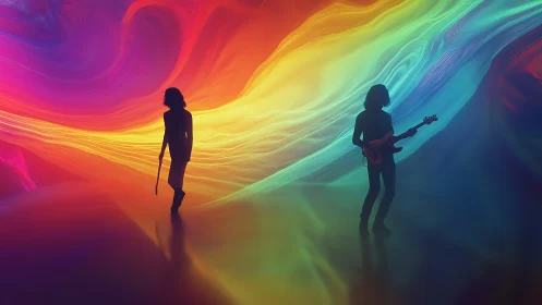 Silhouetted musicians before multicolor abstract light field.