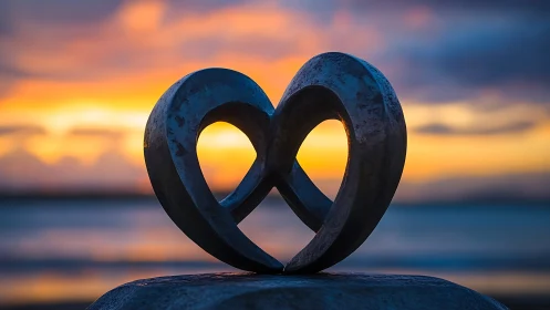 Weathered Heart-Form Steel Sculpture Silhouetted Against Golden Sunset Seascape