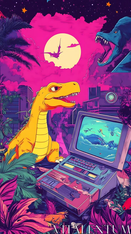 Retro computer in neon jungle with vivid dinosaurs clash