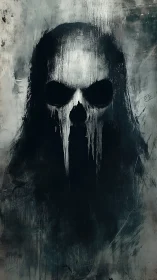 Dripping skull specter emerging from textured darkness.