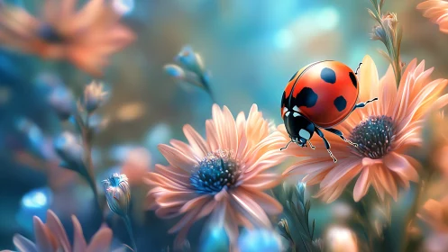 Ladybug daydream on pastel daisies in soft spring haze.