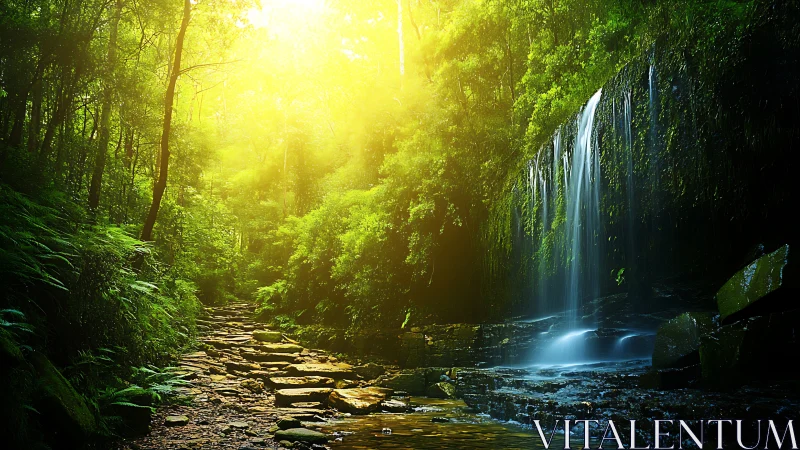 Forest waterfall in steep gorge with golden sunlight.