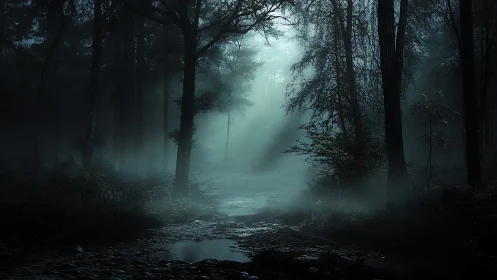 Misty Forest Path Shrouded in Ethereal Fog.