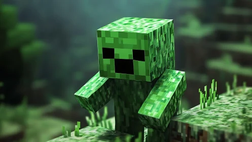 Voxeled green creature advances through blurred cubic terrain