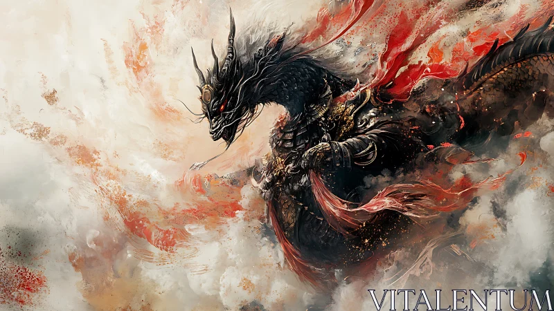 Firelit dragon knight soaring through swirling battle clouds.