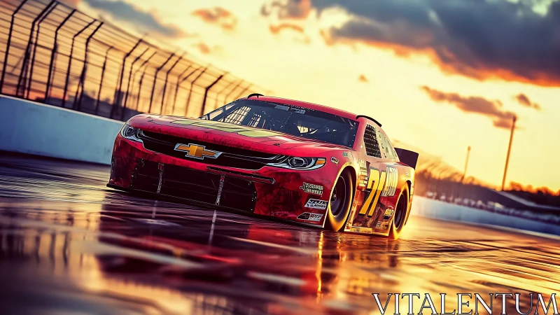 Sunset-soaked stock car carves reflections across wet track