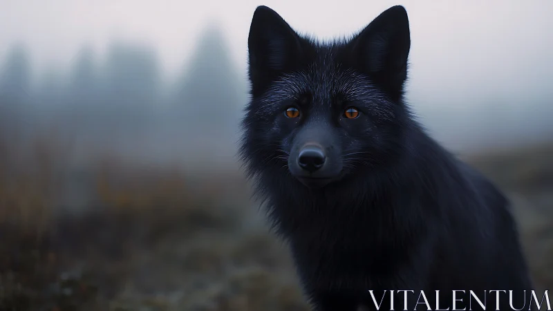 Black fox stands in misty field with soft diffused light